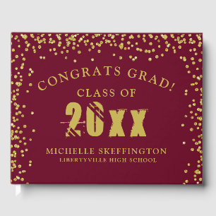 Modern Graduation Maroon Gold Confetti Class Year Guest Book