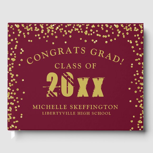 Modern Graduation Maroon Gold Confetti Class Year Guest Book (Front)
