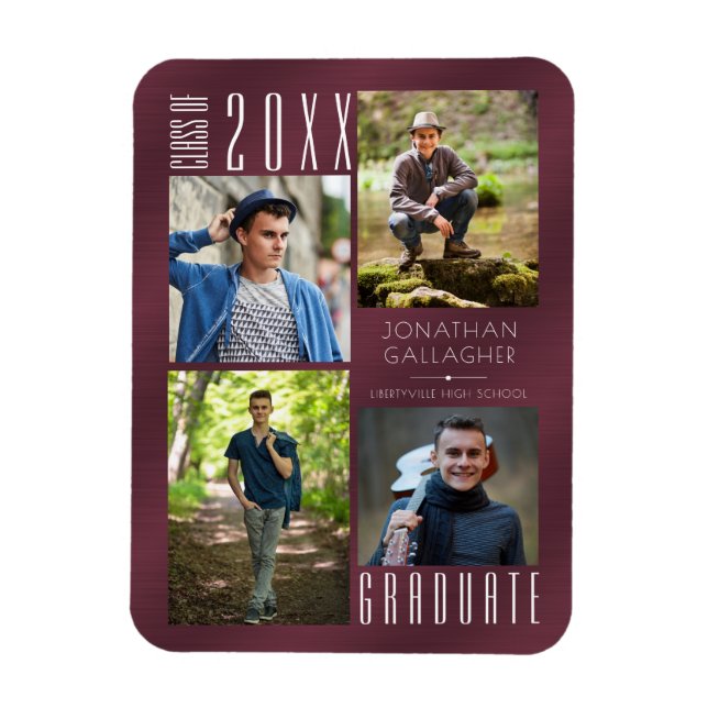 Modern Graduation Metallic Maroon Photo Collage Magnet (Vertical)