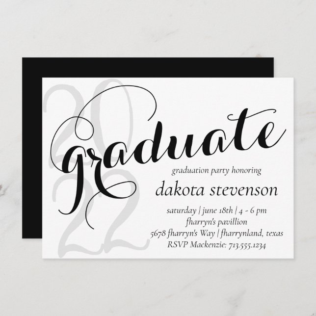 Modern Graduation | Minimal Black Classic Script Invitation (Front/Back)