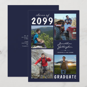 Modern Graduation Navy Blue 4 Photo Handwritten Announcement