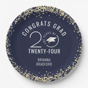 Modern Graduation Navy Blue Faux Gold Glitter Paper Plate