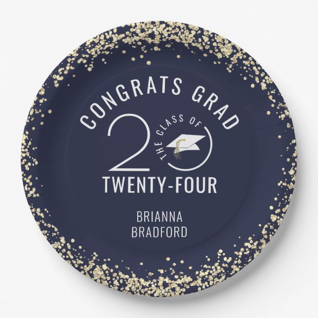 Modern Graduation Navy Blue Faux Gold Glitter Paper Plate (Front)