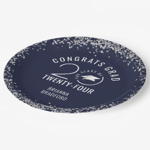 Modern Graduation Navy Blue Faux Silver Glitter Paper Plate