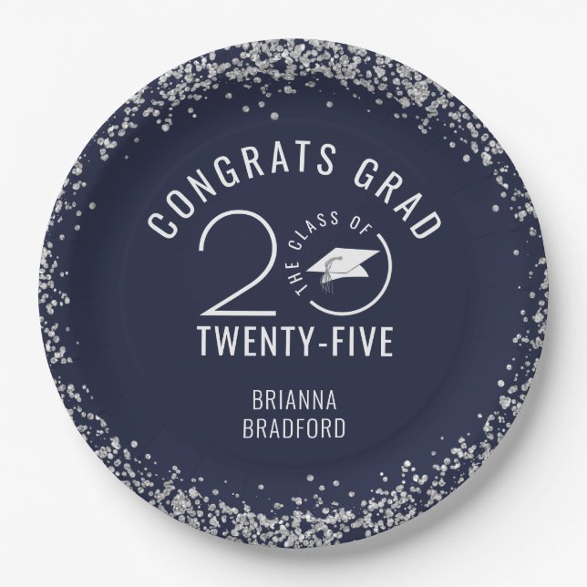 Modern Graduation Navy Blue Silver Class Year Paper Plate (Front)
