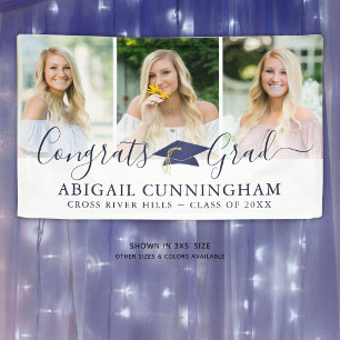 Modern Graduation Navy Cap Script 3 Photo Collage Banner