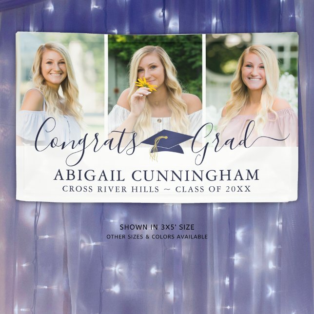 Modern Graduation Navy Cap Script 3 Photo Collage Banner (Creator Uploaded)