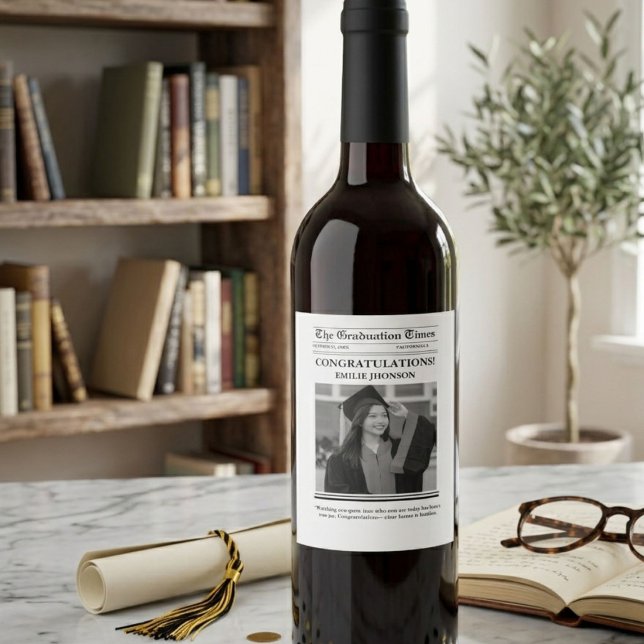 Modern Graduation Newspaper congratulation Wine Label (Creator Uploaded)