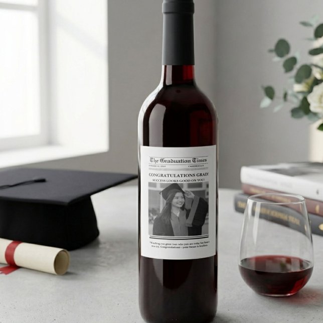 Modern Graduation Newspaper congratulation Wine Label (Creator Uploaded)