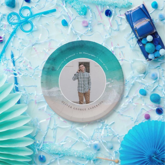Modern graduation ocean beach modern photo travel paper plate (Party)