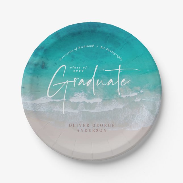 Modern graduation ocean beach script modern paper  plate (Front)