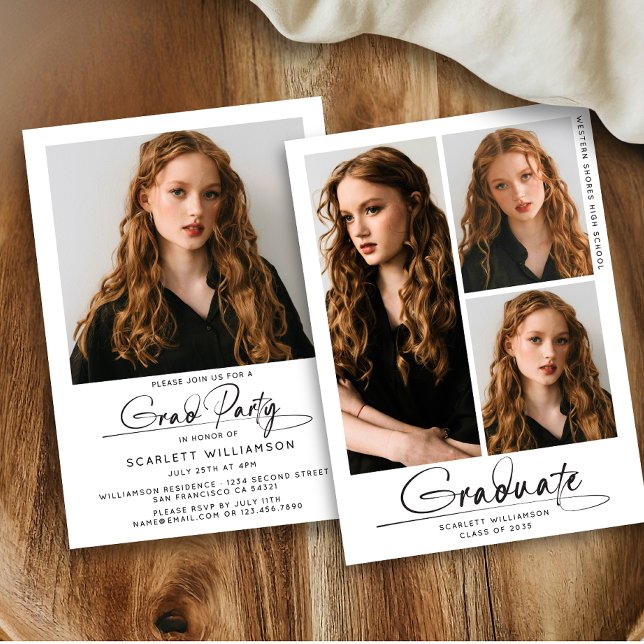 Modern Graduation Party 3 Photo Collage Script  Invitation (Creator Uploaded)