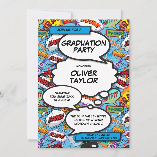Modern Graduation Party Fun Blue Comic Book  Invitation (Front)