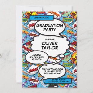 Modern Graduation Party Fun Blue Comic Book Invitation