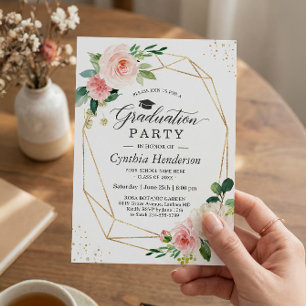 Modern Graduation Party Girly Blush Pink Floral Invitation