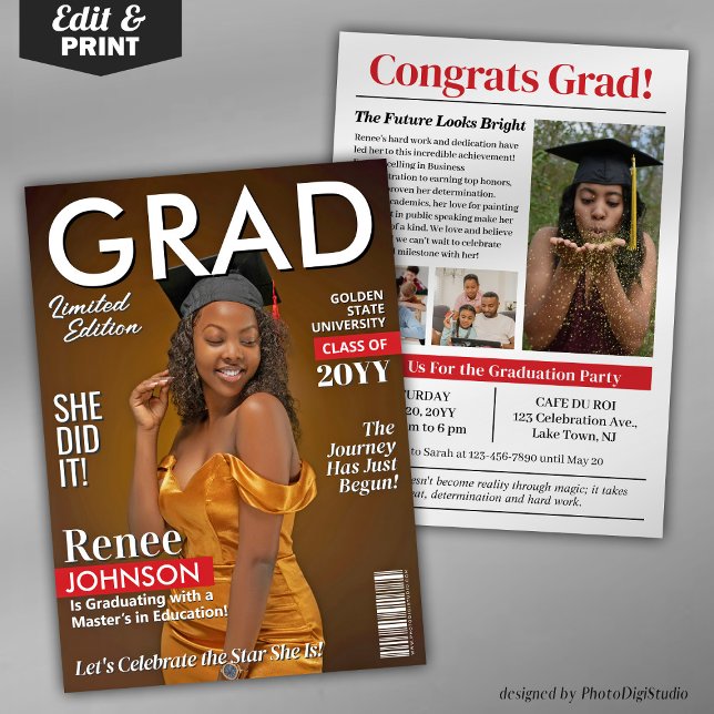 Modern Graduation Party Invite Grad Magazine Cover (Editable Graduation Party Invitation, Modern Graduate Magazine Cover Invite and Announcement)