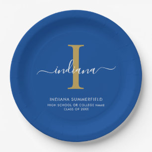 Modern Graduation Party Monogram Blue Minimalist Paper Plate