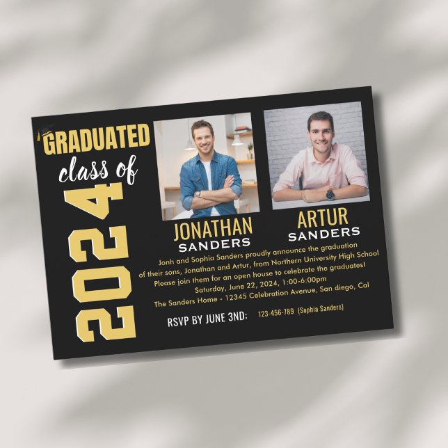 Modern Graduation Party with 2 Photos in Black Invitation (Creator Uploaded)