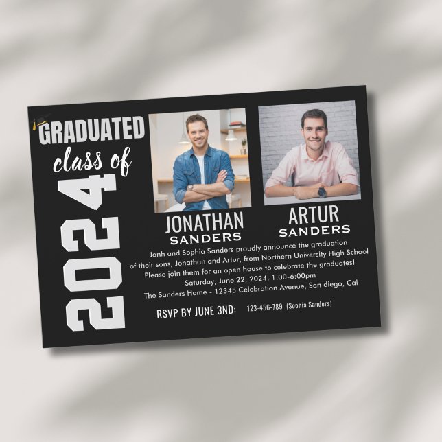 Modern Graduation Party with 2 Photos in Black Invitation (Creator Uploaded)