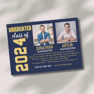 Modern Graduation Party with 2 Photos in Blue Invitation