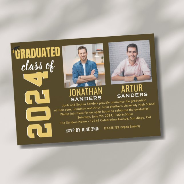 Modern Graduation Party with 2 Photos in Brown Invitation (Creator Uploaded)