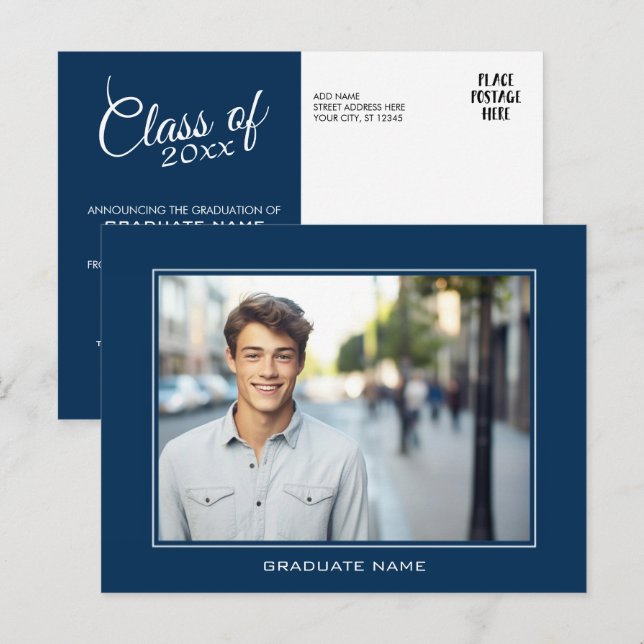 Modern Graduation Photo Announcement - Navy Blue Postcard (Front/Back)