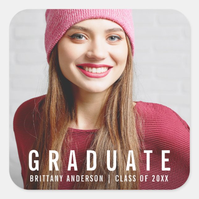 Modern Graduation Photo Announcement W Square Sticker (Front)
