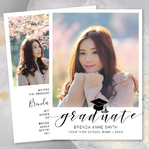 Modern Graduation Photo Black Script Cap on White Announcement