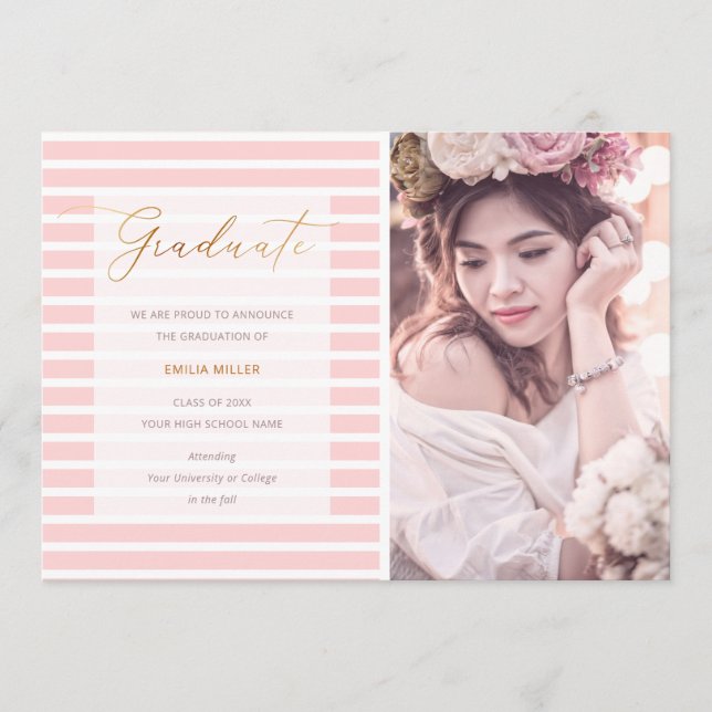 Modern Graduation Photo Blush Pink Stripes Announcement (Front)