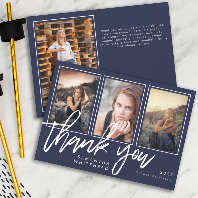 Modern Graduation Photo Collage Navy Blue Thank You Card (Creator Uploaded)