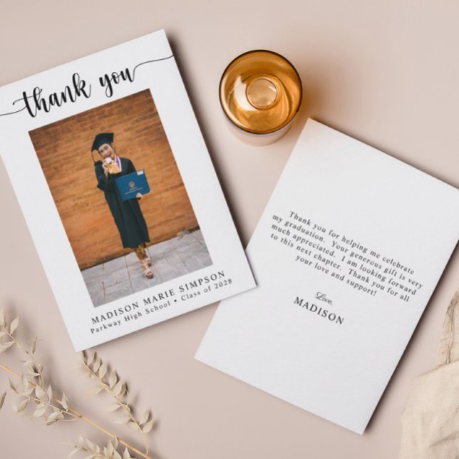 Modern Graduation Photo Elegant Script Thank You Card (Creator Uploaded)