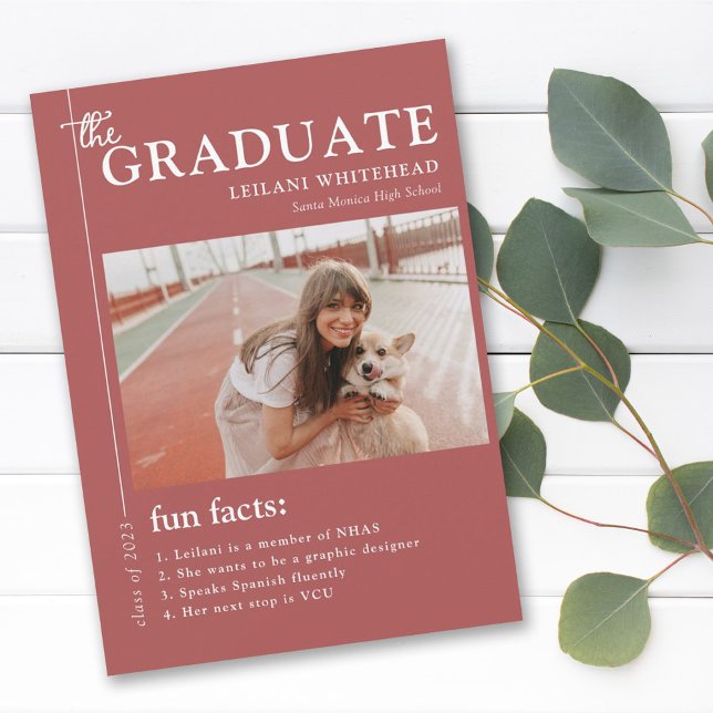 Modern Graduation Photo Feature & Fun Facts Red Announcement (Creator Uploaded)
