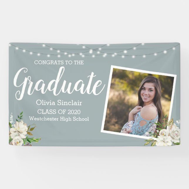Modern Graduation Photo Floral String Lights Banner (Horizontal)