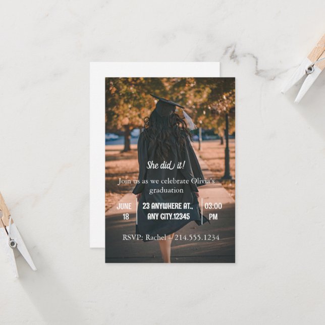 Modern Graduation Photo Invitation for Her | (Front/Back In Situ)