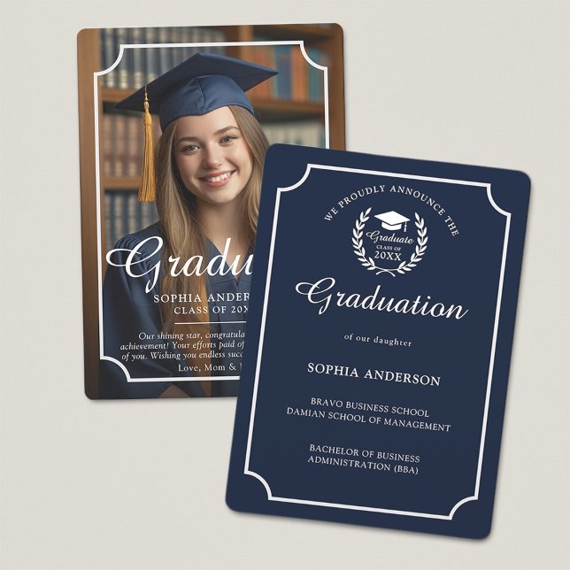Modern Graduation Photo Navy Blue Announcement (Creator Uploaded)