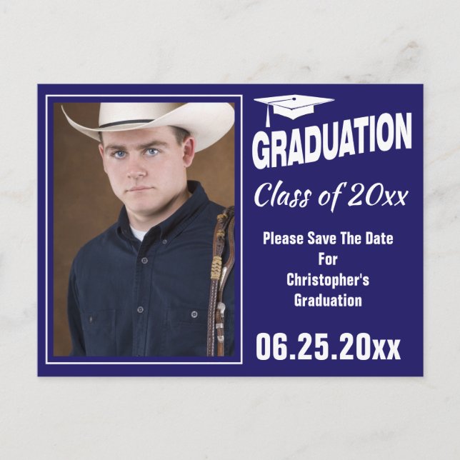 Modern Graduation Photo Save The Date Party Blue Postcard (Front)