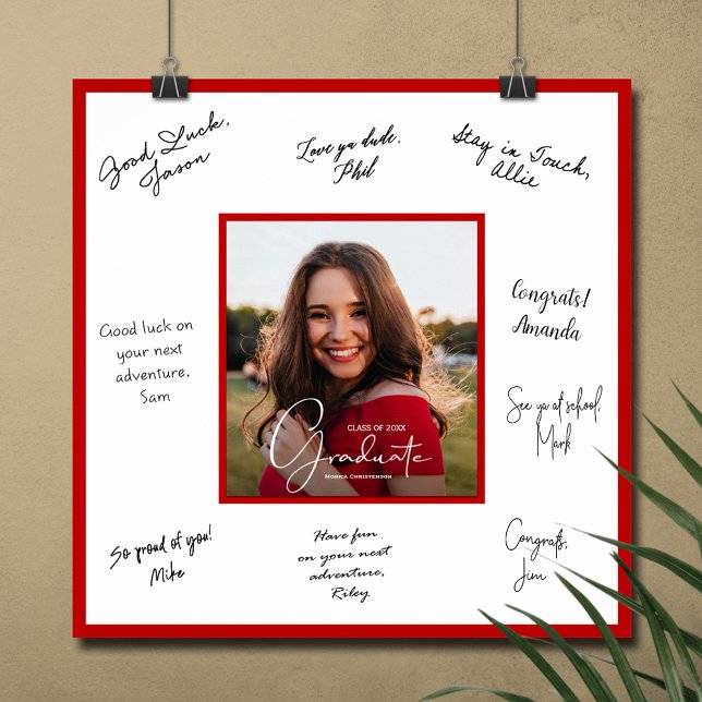 Modern Graduation Photo Signature Scarlet Poster (Graduation autograph poster with your photo and red border, INSTANT DOWNLOAD and/or PRINTED)