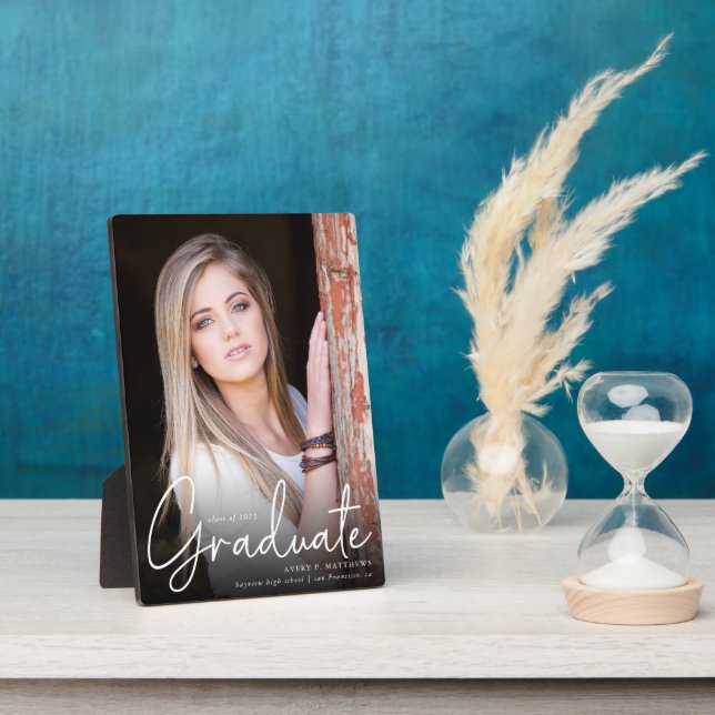 Modern Graduation Photo White Script Graduation  Plaque (Side)