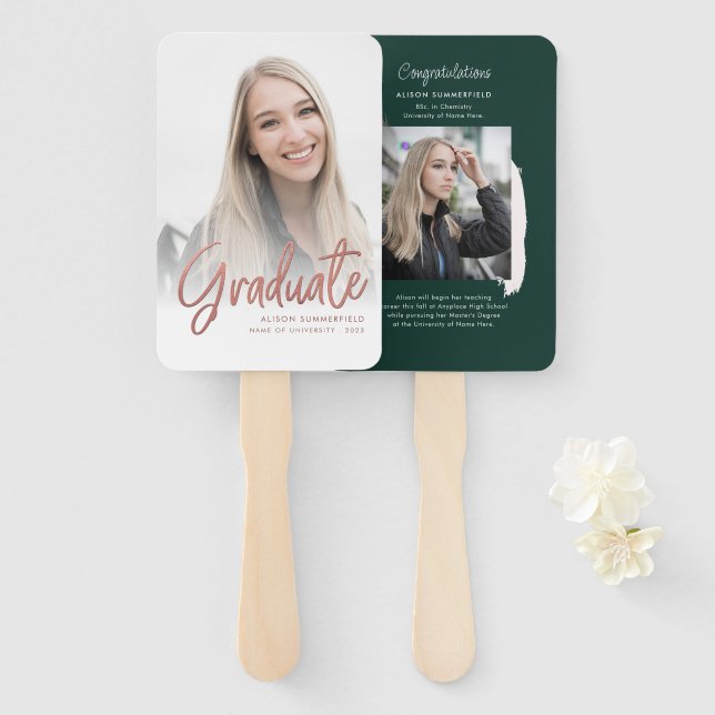 Modern Graduation Photos White Rose Gold Grad Hand Fan (Front and Back)