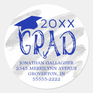 Modern Graduation Royal Blue GRAD Return Address Classic Round Sticker