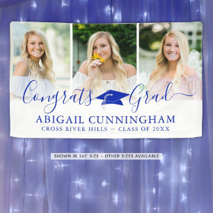 Modern Graduation Royal Blue Script 3 Photos Banner