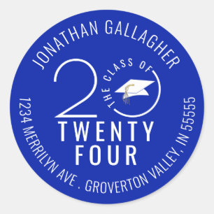Modern Graduation Royal Blue Year Return Address Classic Round Sticker