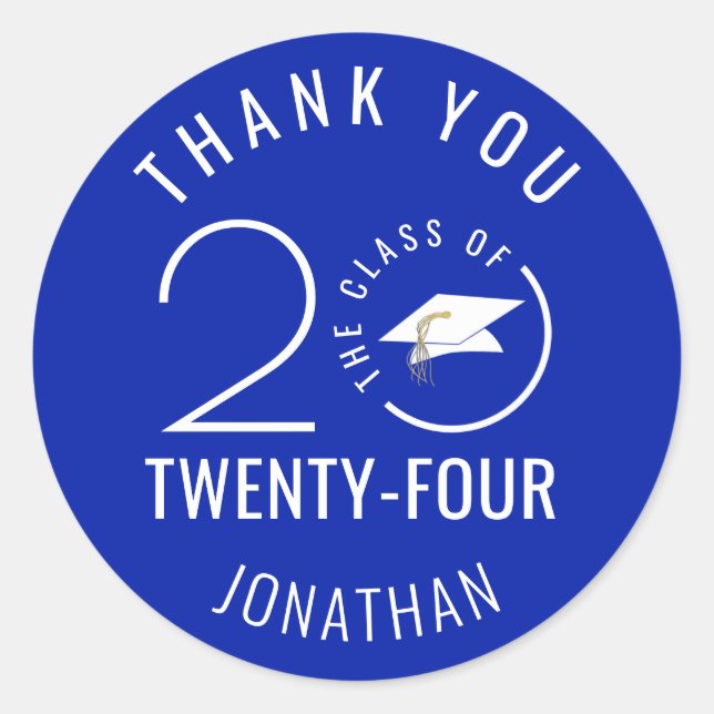 Modern Graduation THANK YOU Class Year Royal Blue Classic Round Sticker (Front)