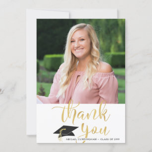 Modern Graduation Thank You Script Photo Faux Gold Card
