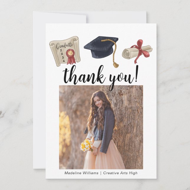 Modern Graduation Two Photo Thank You Card (Front)