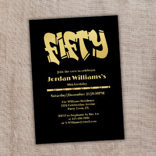 Modern Graffiti Black Gold Men's 50th Birthday Invitation