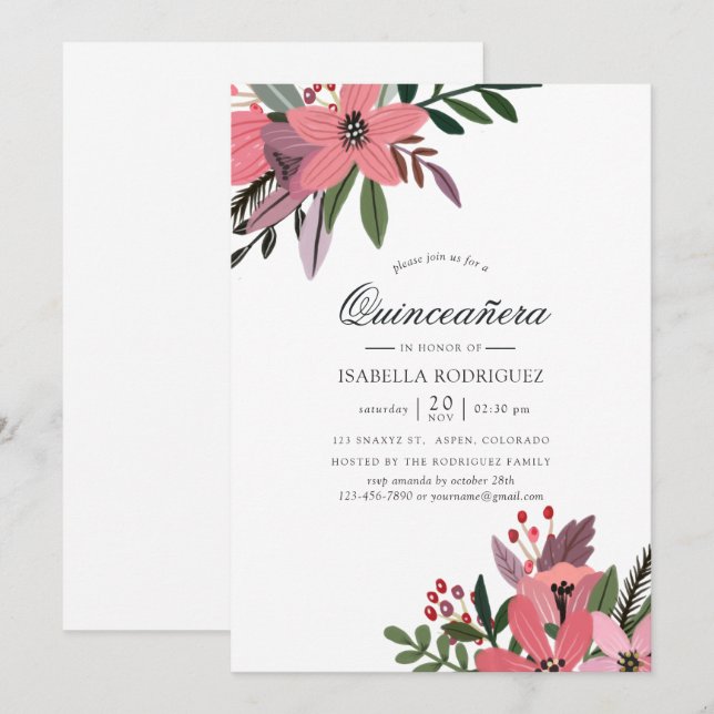 Modern Grandeur Plum and Pink Floral Quinceañera Invitation (Front/Back)