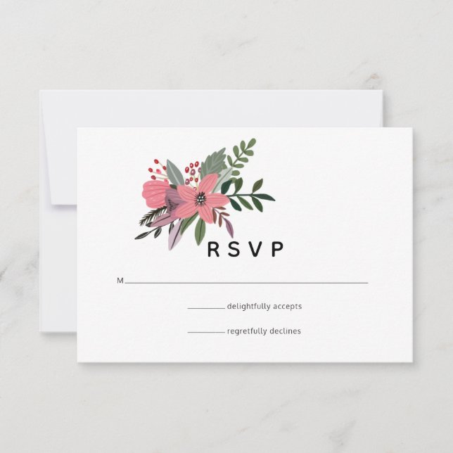 Modern Grandeur Plum and Pink Floral Wedding RSVP Card (Front)