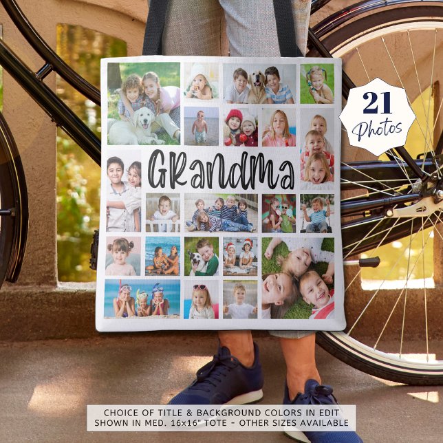 Modern Grandma 21 Photo Collage Custom Colour Tote Bag (Creator Uploaded)
