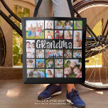 Modern Grandma 21 Photo Collage Custom Colours Tote Bag<br><div class="desc">Easily create a modern photo memories keepsake tote bag for a grandmother utilising this easy-to-upload photo collage template with 21 pictures of her grandchildren in various sizes and shapes in your choice of title and background colours (shown in white on black). Makes a meaningful gift for grandma's birthday, Grandparents Day,...</div>